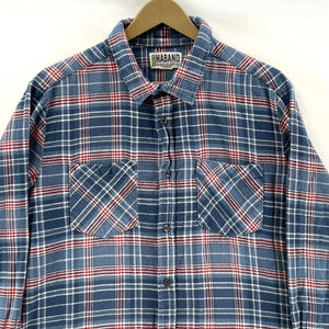 Haband Men's Button Up Shirt Plaid Cotton Flannel Outdoor Workwear Blue Size L