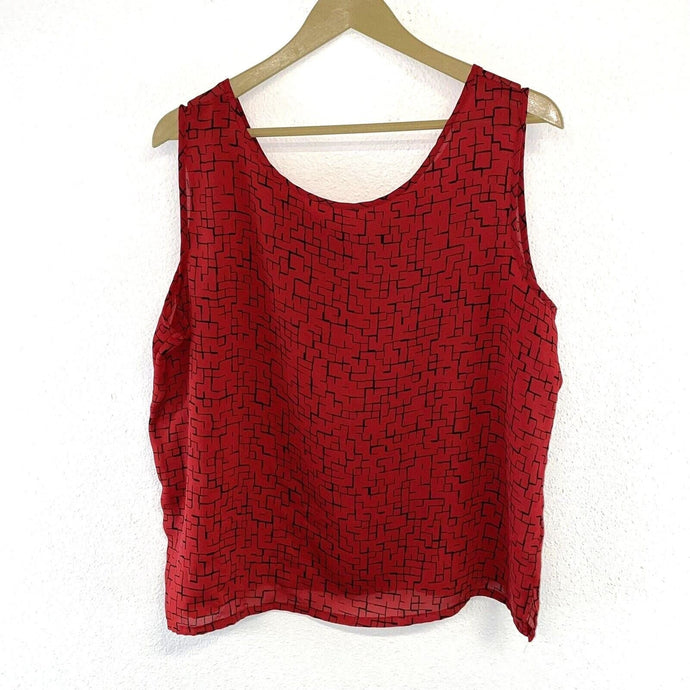 Vintage Women's Sheer Tank Top Square Brick Geometric Wide Strap Red Size XL