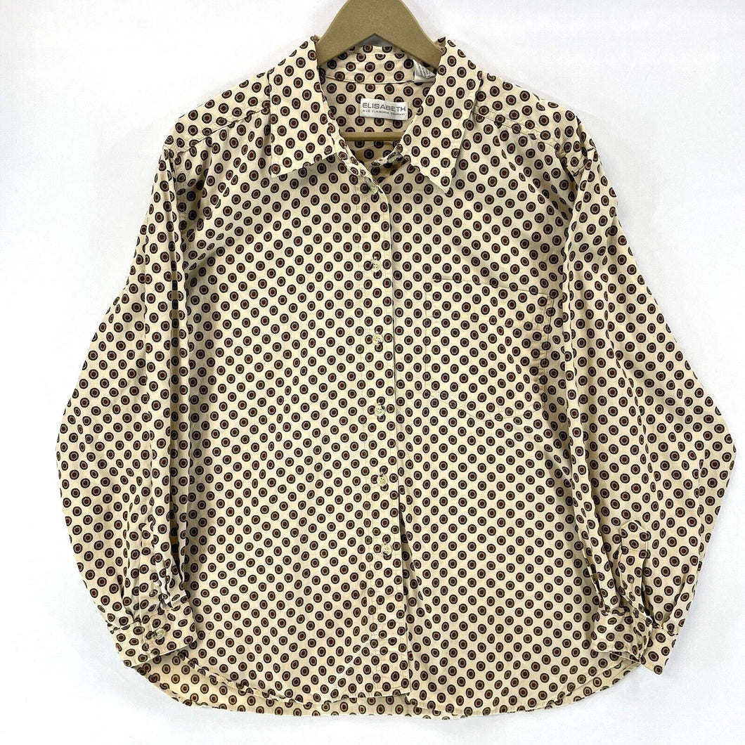 Liz Claiborne Women's Blouse Light Button Up Sunflower Polka Dot Beige Size 20