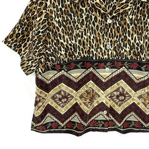 Two Twenty Women's Button Up Blouse Leopard Tribal Tropical Vtg Brown Size XL