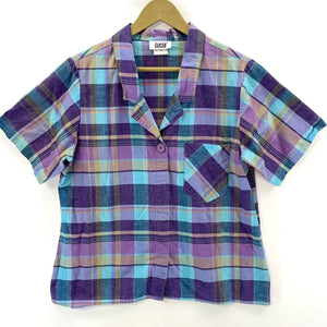 Lucia Women's Plaid Button Blouse Lightweight Made USA Vtg Blue Purple Size L