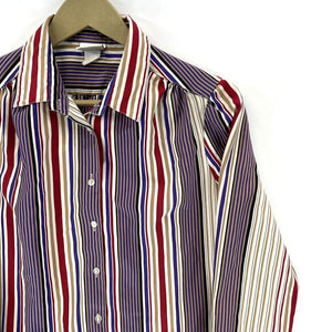 Pykettes Women's Striped Blouse Light Button Up Pleated Vtg Purple Red Size 12