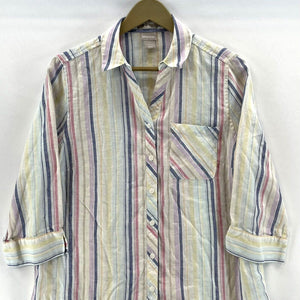 Chico's Women's Linen Blouse Striped Button Up Tunic Flowy Lightweight Size 1