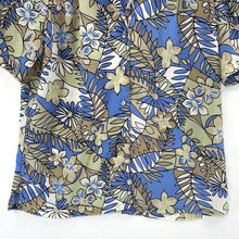 Vintage Women's Ribbed Floral Blouse Hawaiian Button Up Y2K Beige Blue Size L