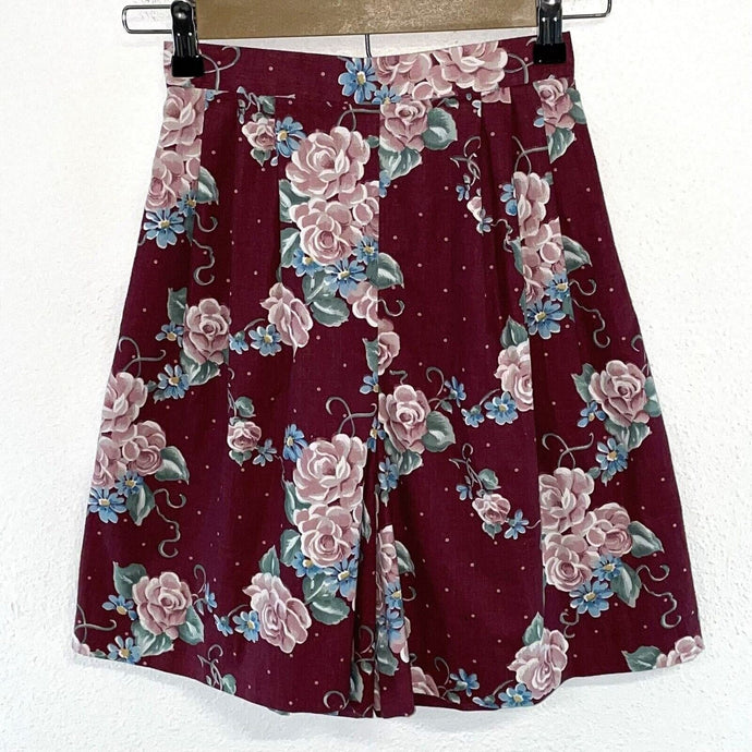 Handmade Women's High Waist Shorts Light Floral Pockets Vtg Maroon Red Size XS