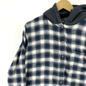 American Eagle Women's Hoodie Button Up Flannel Tunic Grunge Plaid Blue Size S