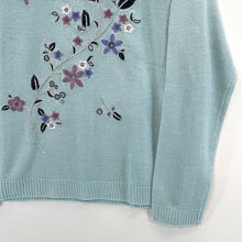 Adiran Jilfield Women's Sheer Knit Sweater Floral Leaf Stitching Blue Size M