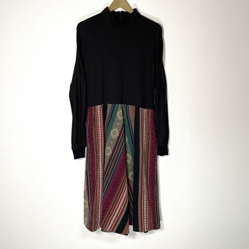 Orvis Women's Mock Neck Dress Aztec Tribal Pockets Vtg Made USA Black Size 12