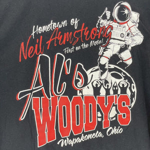 Women's V Neck T Shirt Al's Woody's Ohio Neil Armstrong Souvenir Black Size L