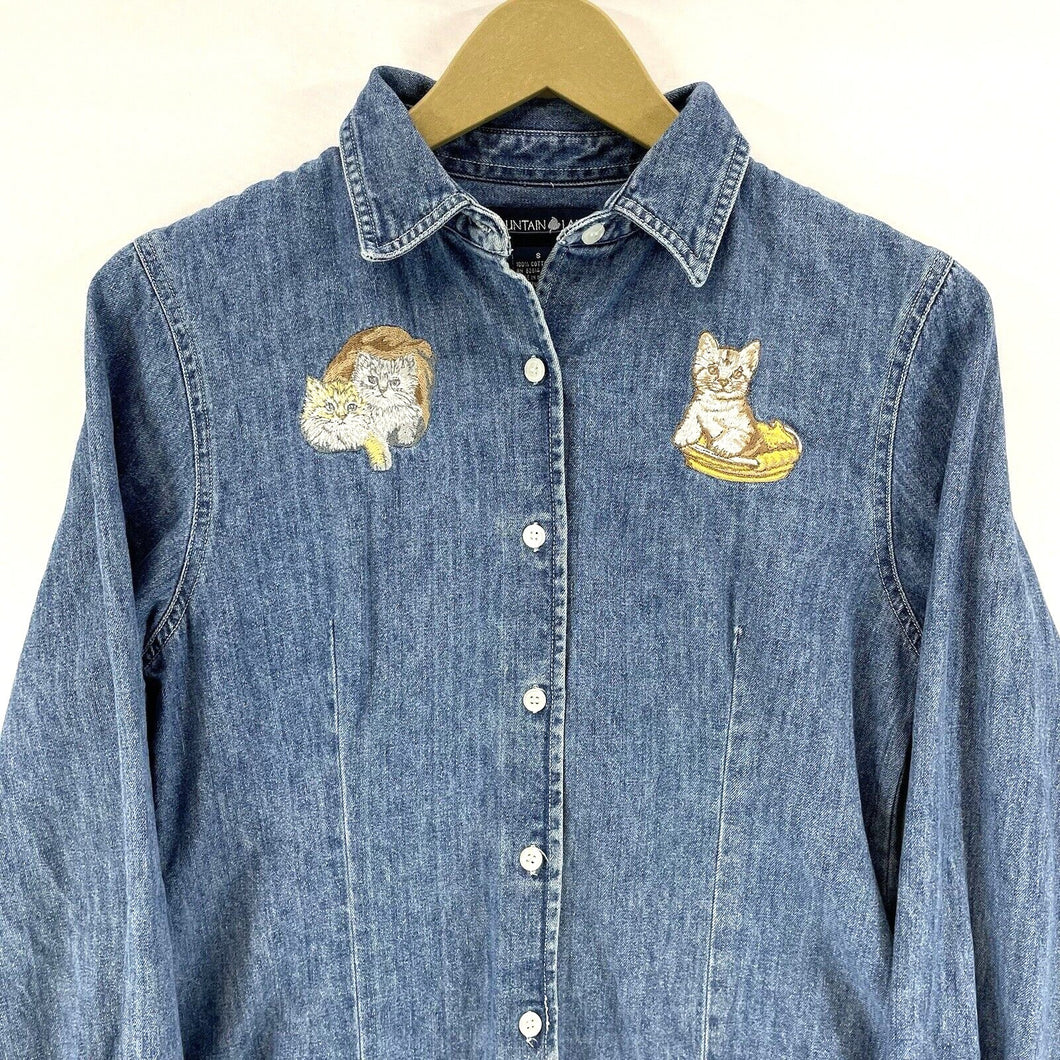 Mountain Lake Women's Denim Button Up Shirt Cat Kitten Stitching Blue Size S