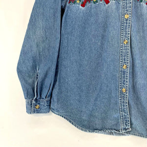 Bobbie Brooks Women's Denim Button Up Cardinal Holiday Stitching Vtg Blue Size L