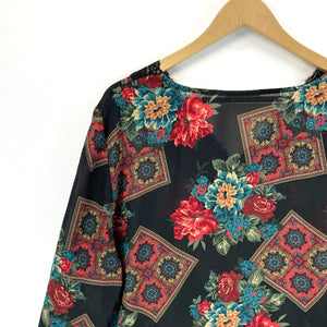 Boutique Women's Boho Blouse Sheer Tunic Asymmetrical Floral Black Red Size XL