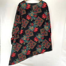 Boutique Women's Boho Blouse Sheer Tunic Asymmetrical Floral Black Red Size XL