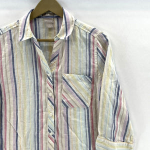 Chico's Women's Linen Blouse Striped Button Up Tunic Flowy Lightweight Size 1