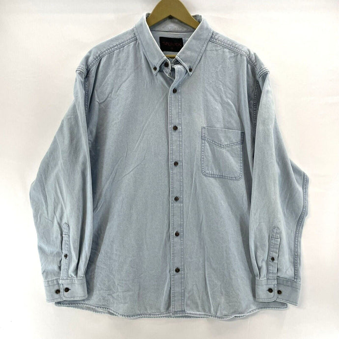 Sportex Men's Denim Button Up Shirt Distressed Workwear Vtg Blue Size XL