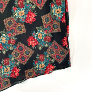 Boutique Women's Boho Blouse Sheer Tunic Asymmetrical Floral Black Red Size XL