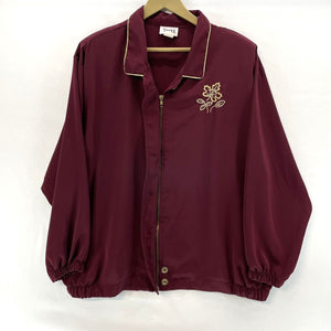 Teddi Women's Light Zip Jacket Silky Pockets Gold Leaf Stitch Vtg Maroon Size 2X