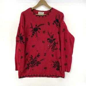 Heirloom Collectibles Women's Knit Sweater Tunic Floral Beaded Vtg Red Size M