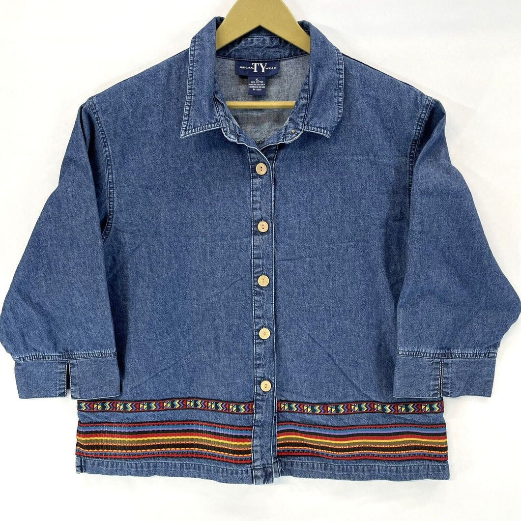 TY Wear Women's Denim Button Blouse Light Jacket Aztec Tribal Vtg Blue Size XL