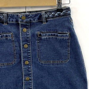 Harper Women Mini Denim Skirt Braid Belt Pockets Stretch Blue Waist 26 in Size S