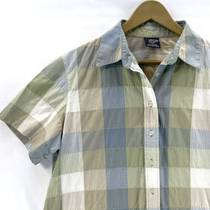 Allison Daley Women's Button Up Blouse Checkered Stitching Blue Green Size 14P