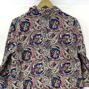 Jones New York Women's Funky Boho Blouse Linen V Neck Paisley Blue Pink Size M