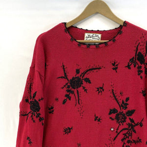 Heirloom Collectibles Women's Knit Sweater Tunic Floral Beaded Vtg Red Size M