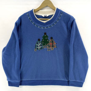 Alia Women's Layered Fleece Sweater Christmas Tree Stitching Blue Size L