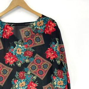 Boutique Women's Boho Blouse Sheer Tunic Asymmetrical Floral Black Red Size XL