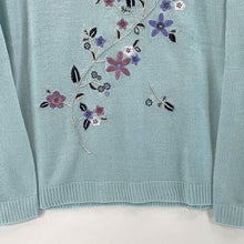 Adiran Jilfield Women's Sheer Knit Sweater Floral Leaf Stitching Blue Size M