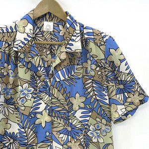 Vintage Women's Ribbed Floral Blouse Hawaiian Button Up Y2K Beige Blue Size L