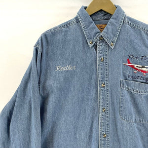 Port Authority Men's Denim Shirt Heather Flyin Knittings Plane Vtg Blue Size L