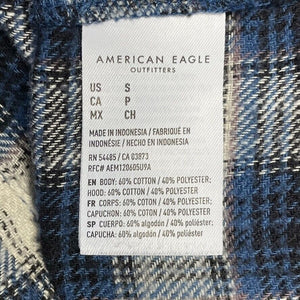 American Eagle Women's Hoodie Button Up Flannel Tunic Grunge Plaid Blue Size S