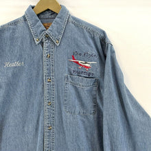 Port Authority Men's Denim Shirt Heather Flyin Knittings Plane Vtg Blue Size L