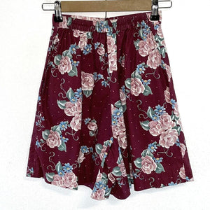 Handmade Women's High Waist Shorts Light Floral Pockets Vtg Maroon Red Size XS