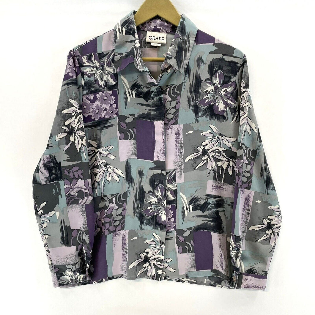 Graff Women's Floral Button Blouse Light Flowy Office Vtg Gray Purple Size M