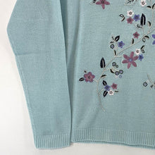 Adiran Jilfield Women's Sheer Knit Sweater Floral Leaf Stitching Blue Size M