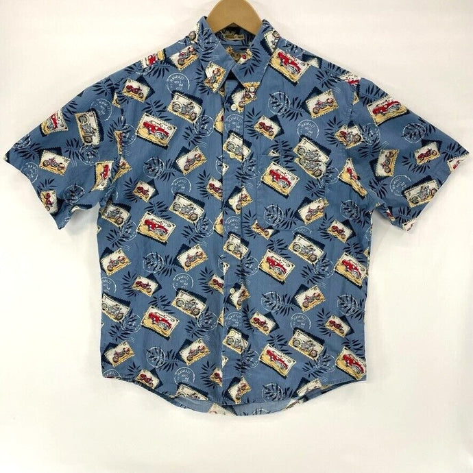 Natural Issue Men's Button Up Shirt Hawaiian Motorcycle Car Stamp Blue Size S