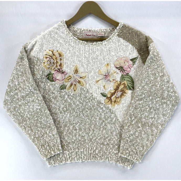 Penbrooke Lane Women's Knit Sweater Cozy Soft Pearl Flower Vtg Beige Size L