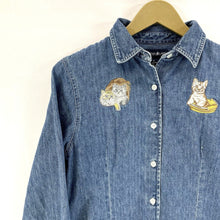 Mountain Lake Women's Denim Button Up Shirt Cat Kitten Stitching Blue Size S