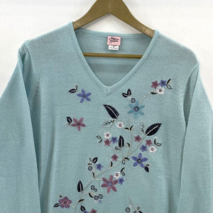 Adiran Jilfield Women's Sheer Knit Sweater Floral Leaf Stitching Blue Size M