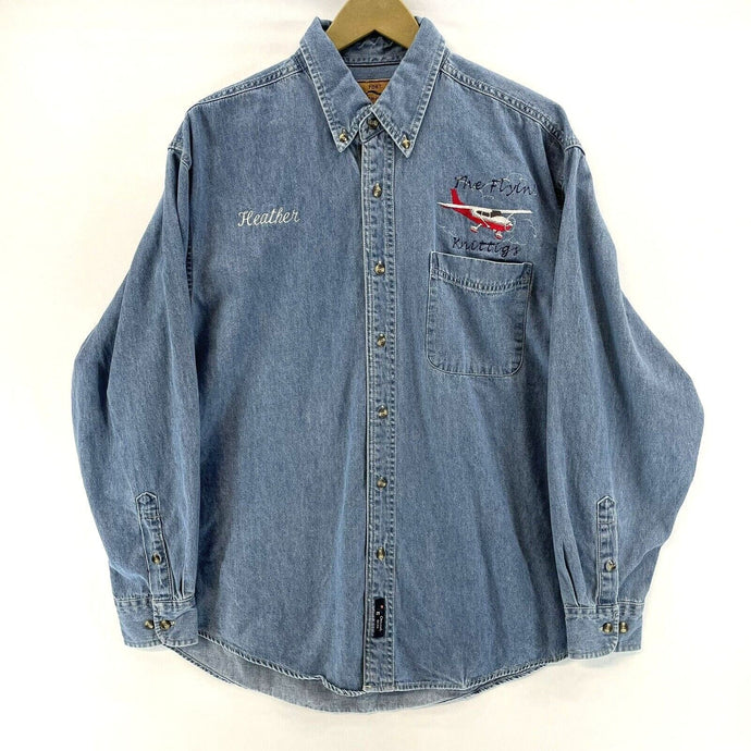 Port Authority Men's Denim Shirt Heather Flyin Knittings Plane Vtg Blue Size L