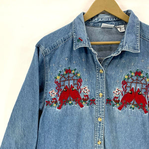 Bobbie Brooks Women's Denim Button Up Cardinal Holiday Stitching Vtg Blue Size L