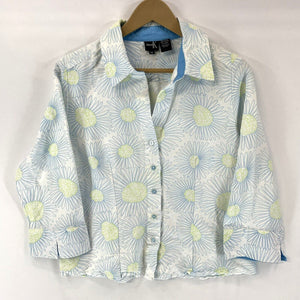 DinaK Women's Button Up Blouse Lightweight Retro Floral Blue Green Size M