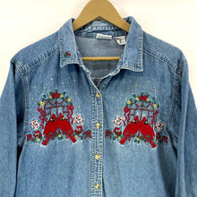 Bobbie Brooks Women's Denim Button Up Cardinal Holiday Stitching Vtg Blue Size L