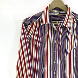 Pykettes Women's Striped Blouse Light Button Up Pleated Vtg Purple Red Size 12