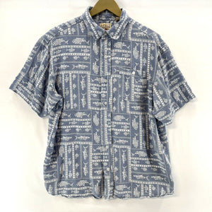 Red Head Men's Button Up Shirt Tribal Fish Lightweight Outdoor Blue Size L