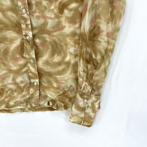 The Mad Shirter Women's Button Blouse Sheer 70s Collar Swirl Pink Beige Size 12