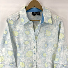 DinaK Women's Button Up Blouse Lightweight Retro Floral Blue Green Size M