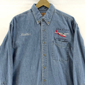 Port Authority Men's Denim Shirt Heather Flyin Knittings Plane Vtg Blue Size L